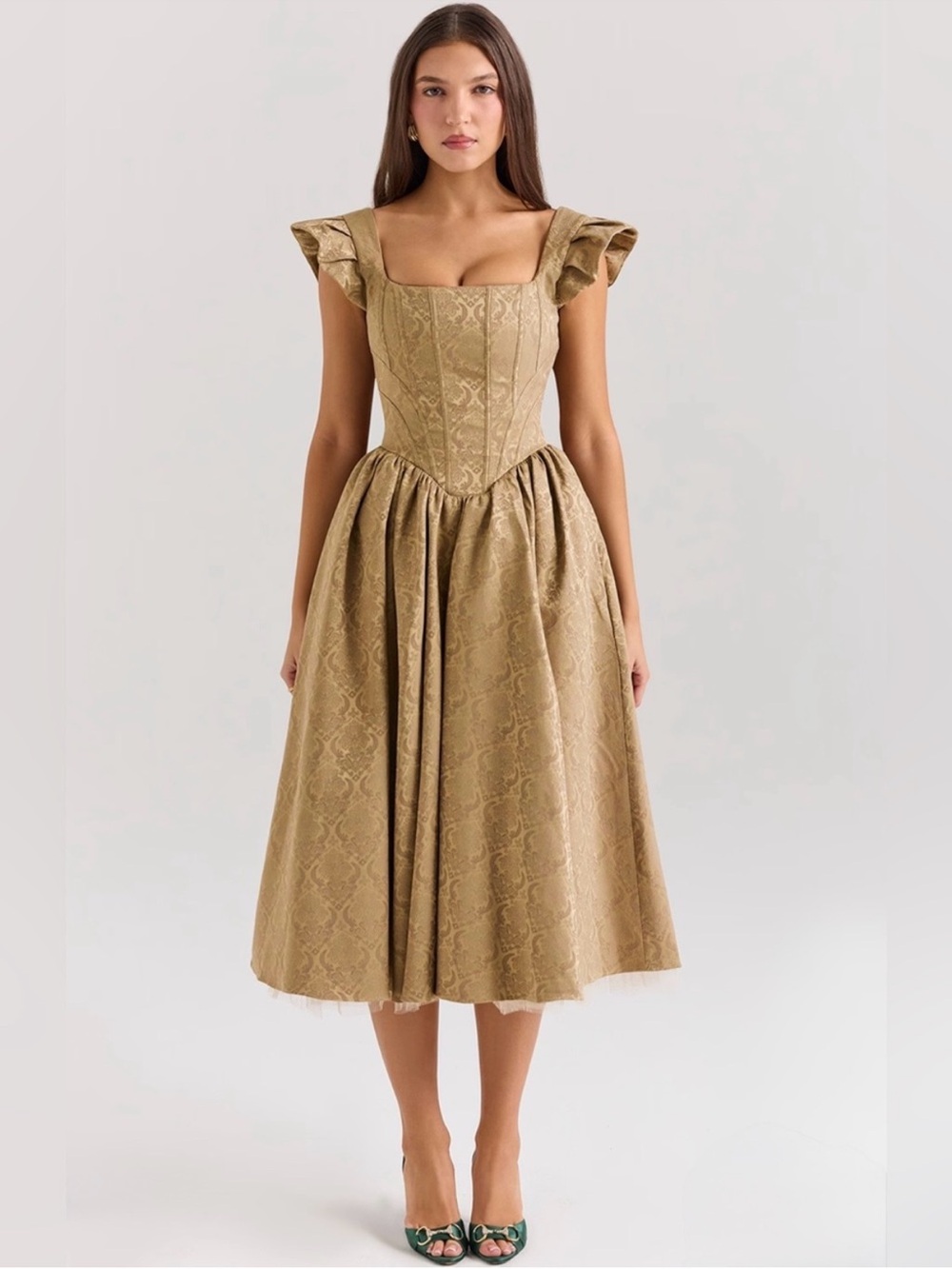 House of CB ALESSANDRA Gold Jacquard Midi Dress With Detachable - Picture 4 of 16